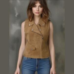 BlankNYC Brown 100% Genuine Suede Leather Zip Moto Biker Sleeveless Vest XS